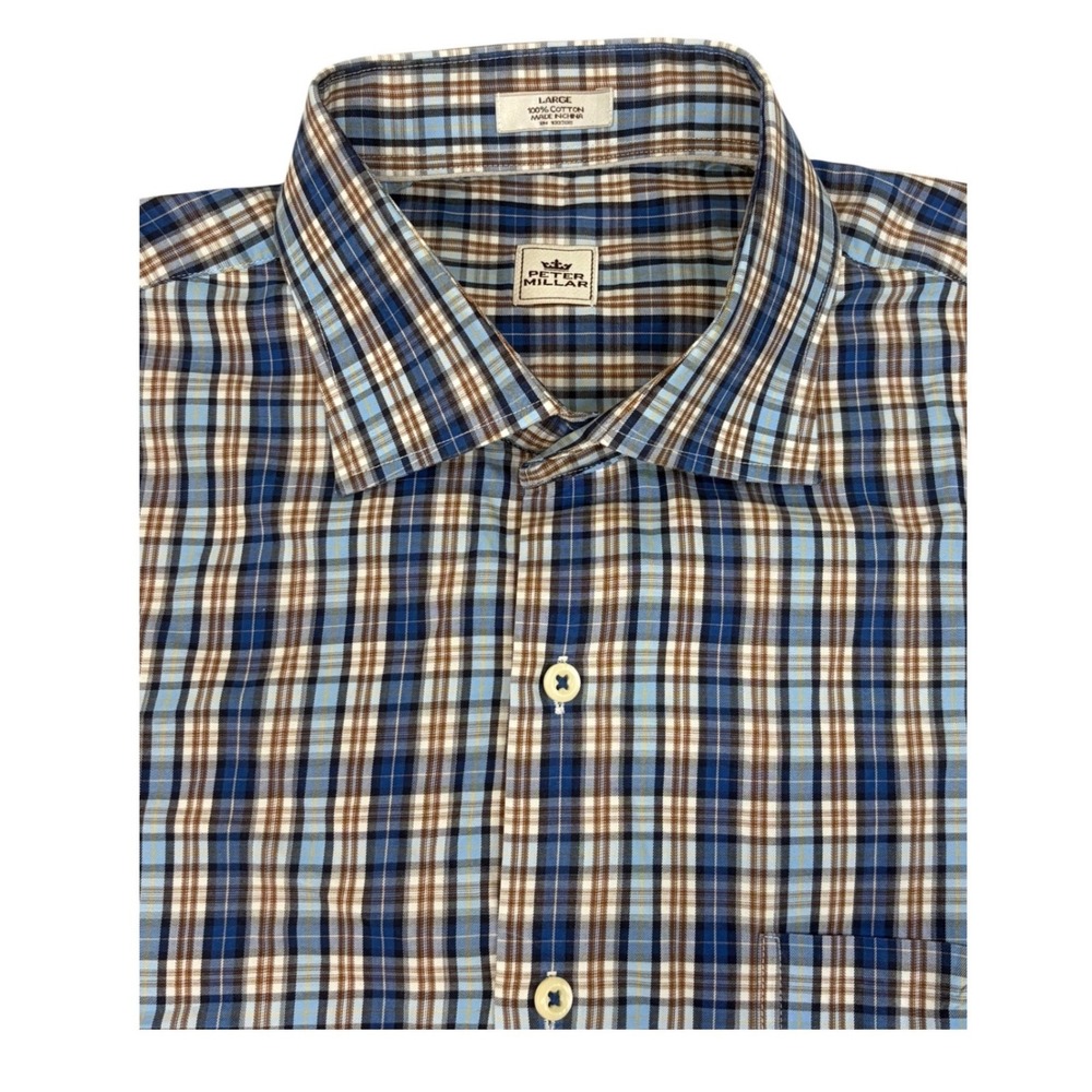 Peter Millar‎ Mens Button Down Shirt Large Blue Plaid Long Sleeve Preppy Cotton